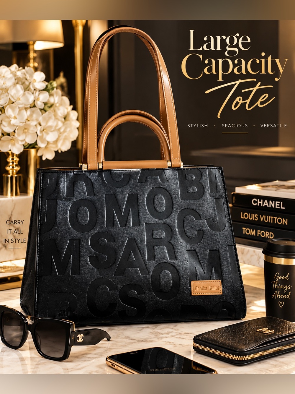 Large Capacity Black Tote with Tan Handles